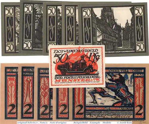 Notgeld Münster , 3 Sets mit 11 Scheinen in kfr. Mehl Grabowski 913.1, 916.1-2 , von 1921 , Westfalen Seriennotgeld