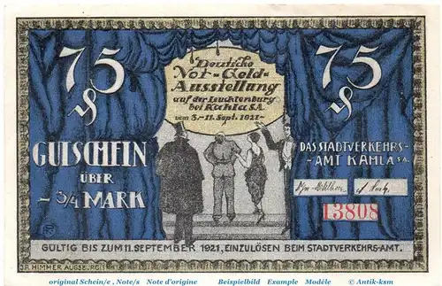 Notgeld Stadtverkehrsamt Kahla , 669.1.c 75 Pfennig Schein in kfr. von 1921 , Thüringen Seriennotgeld
