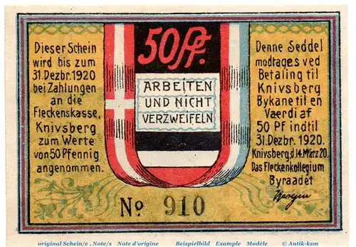 Notgeld Flecken Knivsberg 711.1.a , 50 Pfennig Schein in kfr. von 1920 , Schleswig Holstein Seriennotgeld