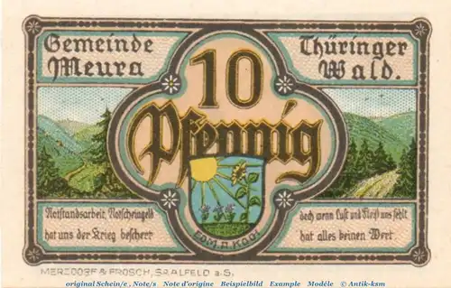 Notgeld Gemeinde Meura 886.1.a , 10 Pfennig Schein in kfr. von 1921 , Thüringen Seriennotgeld