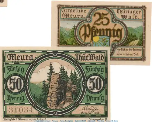 Notgeld Gemeinde Meura 886.1.b , Set mit 2 Scheinen in kfr. von 1921 , Thüringen Seriennotgeld