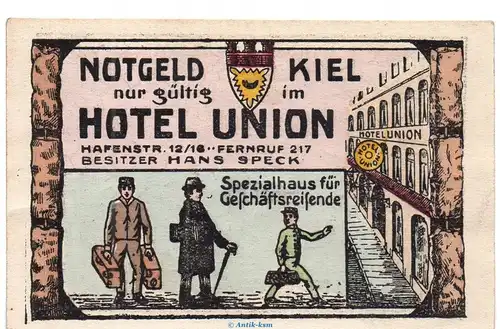 Notgeld Hotel Union Kiel 693.1.b , 50 Pfennig Schein in kfr. o.D. Schleswig Holstein Seriennotgeld