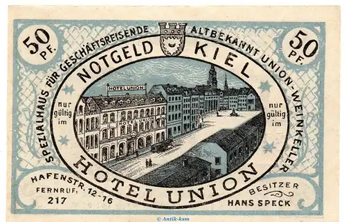 Notgeld Hotel Union Kiel 693.2 , 50 Pfennig Germania Werft in kfr. o.D. Schleswig Holstein Seriennotgeld