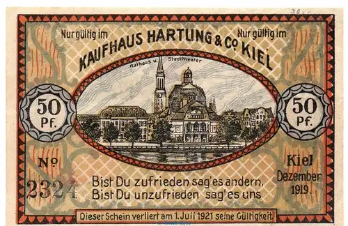 Notgeld Kaufhaus Hartung Kiel 695.1 , 50 Pfennig Schein in kfr. von 1919 Schleswig Holstein Seriennotgeld