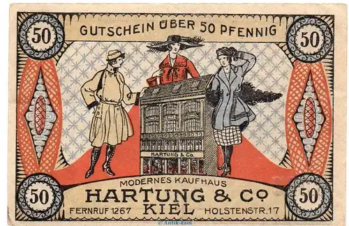 Notgeld Kaufhaus Hartung Kiel 695.1 , 50 Pfennig Schein in gbr. von 1919 Schleswig Holstein Seriennotgeld