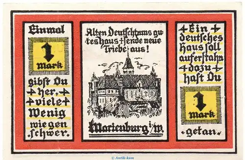 Notgeld Jungdeutscher Orden Marienburg 869.1 , 1 Mark Schein in kfr. o.D. Westpreussen Seriennotgeld