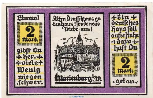 Notgeld Jungdeutscher Orden Marienburg Baustein 869.1 , 2 Mark Schein in kfr. o.D. Westpreussen Seriennotgeld