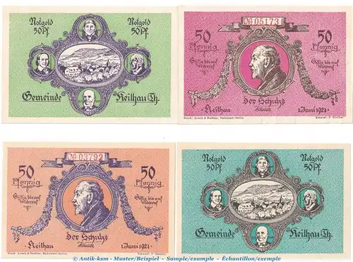 Notgeld Gemeinde Keilhau 683.2.b , Set mit 4 Scheinen in kfr. von 1921 , Thüringen Seriennotgeld