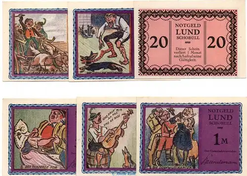 Notgeld Gemeinde Lund-Schobüll 844.1.b , altrosa Set mit 6 Scheinen in kfr. o.D. Schleswig Holstein Seriennotgeld
