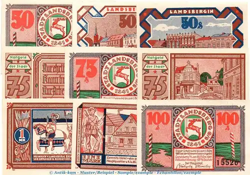 Notgeld Stadt Landsberg 763.1 , Set -März- mit 9 Scheinen in kfr. von 1921 , Schlesien Seriennotgeld