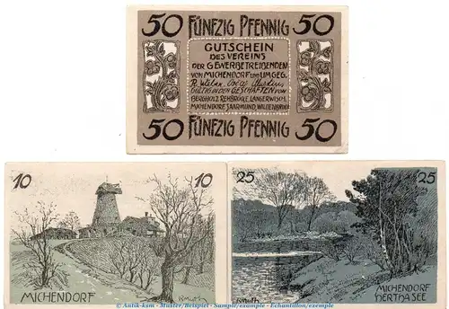 Notgeld Verein d. Gewerbetreibenden Michendorf 887.1 , Set mit 3 Scheinen in kfr. von 1921 , Brandenburg Seriennotgeld