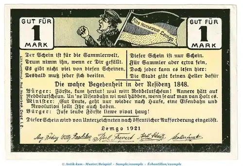 Notgeld August Röding u.a. Lemgo 788.1.b , 1 Mark Schein o.Kn. in kfr. von 1921 , Westfalen Seriennotgeld