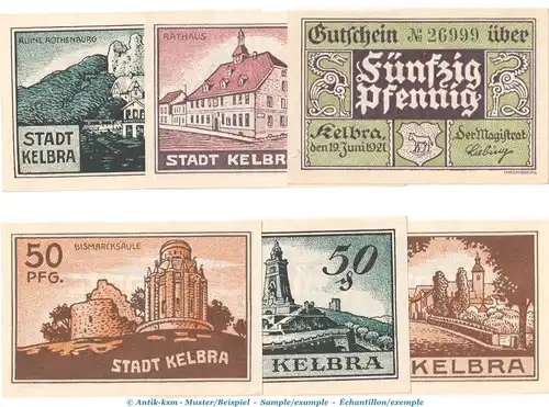 Notgeld Stadt Kelbra 686.1 , Set mit 6 Scheinen in kfr. 06.1921 , Sachsen Anhalt Seriennotgeld