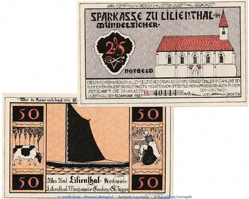 Notgeld Sparkasse Lilienthal 802.4 , Set mit 2 Scheinen Serie B in kfr. von 1921 , Niedersachsen Seriennotgeld
