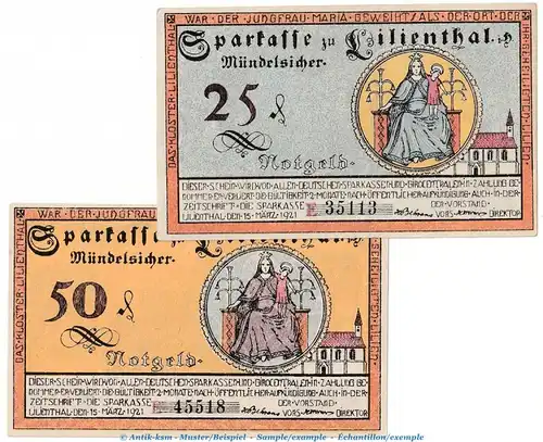 Notgeld Sparkasse Lilienthal 802.7 , Set mit 2 Scheinen Serie E-rot in kfr. von 1921 , Niedersachsen Seriennotgeld