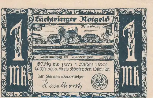 Notgeld Gemeinde Lüchtringen 836.2 , 1 Mark Schein -blau- in kfr. von 1921 , Westfalen Seriennotgeld