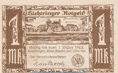 Notgeld Gemeinde Lüchtringen 836.1 , 1 Mark Schein -braun- in kfr. von 1921 , Westfalen Seriennotgeld