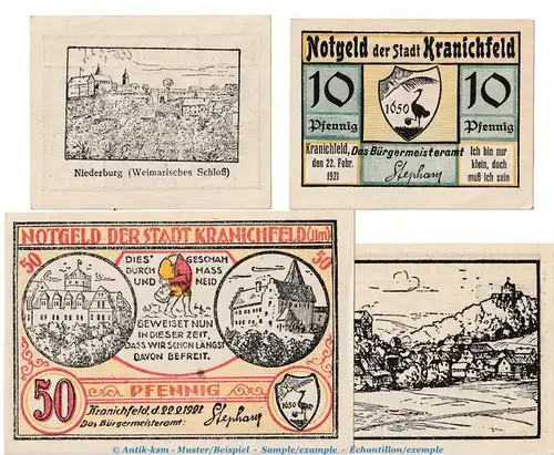 Notgeld Stadt Kranichfeld 741.1.d , Set mit 4 Scheinen in kfr. von 1921 , Thüringen Seriennotgeld