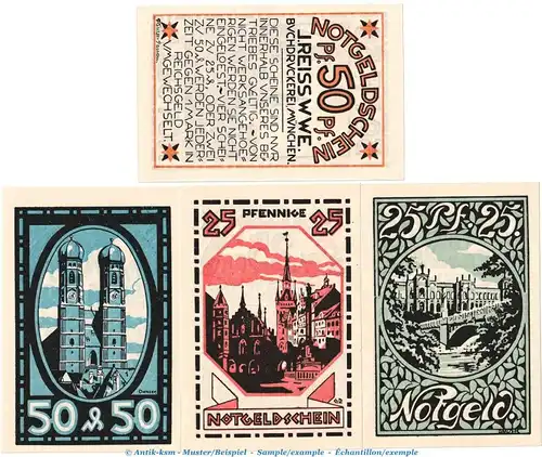 Notgeld J. Reiss München 910.1 , Set mit 4 Scheinen in kfr. o.D. Bayern Seriennotgeld