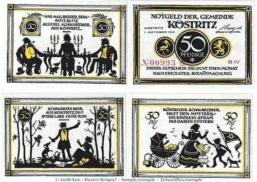 Notgeld Gemeinde Köstritz 736.6 , Set -blassblau- mit 4 Scheinen in kfr. von 1921 Thüringen Seriennotgeld