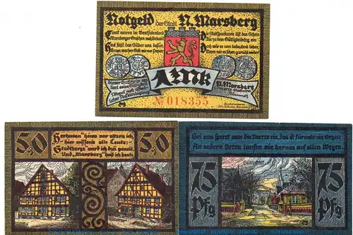 Notgeld Stadt Nieder Marsberg 971.1 , Set mit 3 Scheinen in kfr. von 1920 , Westfalen Seriennotgeld