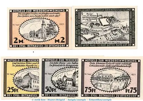 Notgeld Stadt Ottendorf - Bunzlau 1038.1 , Set mit 5 Scheinen in kfr. von 1921 , Schlesien Seriennotgeld