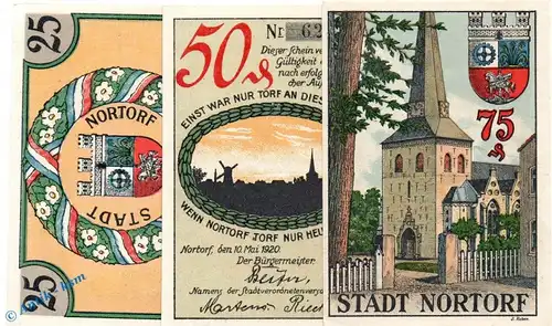 Notgeld Nortorf , Set mit 3 Scheinen in kfr. Mehl Grabowski 989.1 , von 1920 , Schleswig Holstein Seriennotgeld