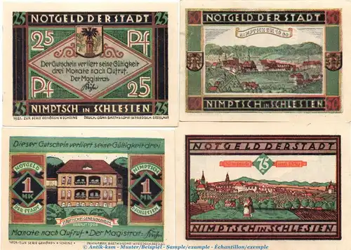 Notgeld Stadt Nimptsch 977.1 , Set mit 4 Scheinen in kfr. o.D. Schlesien  Seriennotgeld