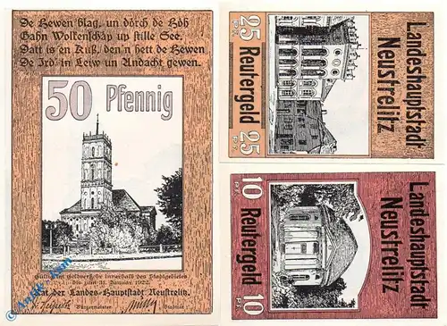 Notgeld Neustrelitz , Reutergeld , Set mit 3 Scheinen , Mehl Grabowski 969.1 , Mecklenburg Vorpommern Seriennotgeld