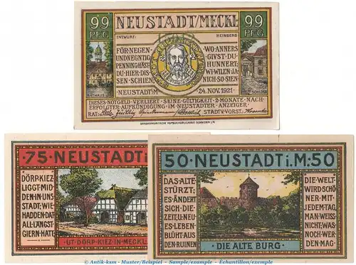 Notgeld Stadt Neustadt 962.1.a , Set mit 3 Scheinen in kfr. von 1921 , Mecklenburg Vorpommern Seriennotgeld