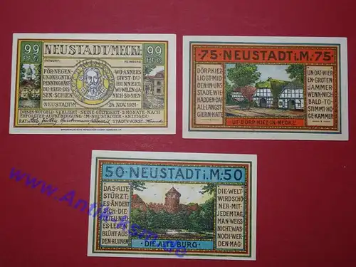 Notgeld Stadt Neustadt , Mecklemburg Vorpommern , Kennummer graugrün , vollständiger Satz mit 3 Scheinen in kassenfrischer Erhaltung , Seriennotgeld , 962.1 B , von 1921