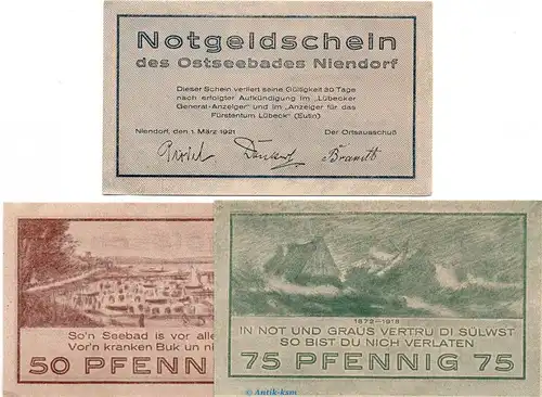 Notgeld Gemeinde Niendorf 974.1 , Set mit 3 Scheinen in kfr. von 1921 , Schleswig Holstein Seriennotgeld