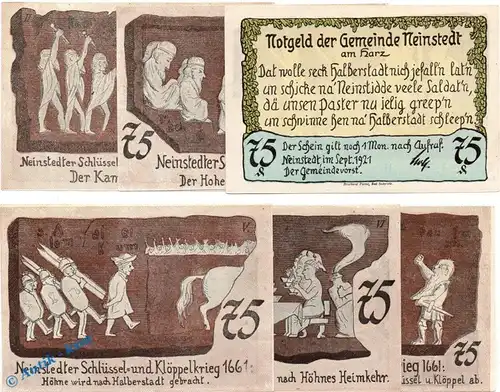 Notgeld Neinstedt , Set mit 6 Scheinen in kfr. Mehl Grabowski 933.4 , von 1921 , Sachsen Anhalt Seriennotgeld