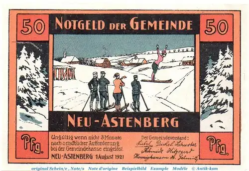 Notgeld Stadt Neu Astenberg 934.1 , 50 Pfennig Schein in kfr. von 1921 , Westfalen Seriennotgeld