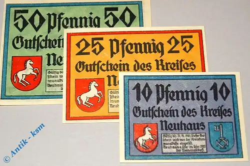 Notgeld Kreis Neuhaus 947.1 , Set mit 3 Scheinen in kfr. von 1921 , Niedersachsen Seriennotgeld