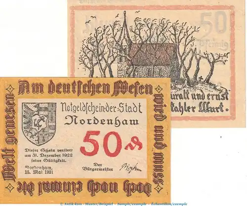 Notgeld Stadt Nordenham 982.2.a , Set mit 2 Scheinen in kfr. von 1921 , Niedersachsen Seriennotgeld