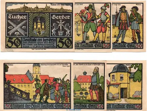 Notgeld Stadt Neustadt a.d. Orla 965.2 , Set mit 6 Scheinen in kfr. von 1921 , Thüringen Seriennotgeld