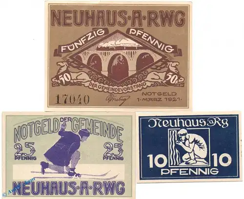 Notgeld Neuhaus a. Rwg , Set mit 3 Scheinen in kfr. Mehl Grabowski 948.2 , von 1921 , Thüringen Seriennotgeld