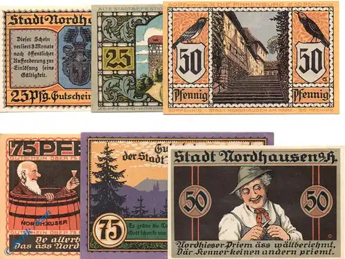 Notgeld Nordhausen , Set mit 6 Scheinen kfr. Mehl Grabowski 987.1 , von 1921 , Thüringen Seriennotgeld