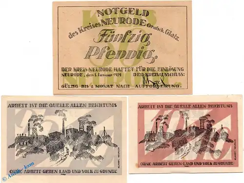 Notgeld Neurode , Set mit 3 Scheinen in kfr. Mehl Grabowski 957.1 , von 1921 , Schlesien  Seriennotgeld