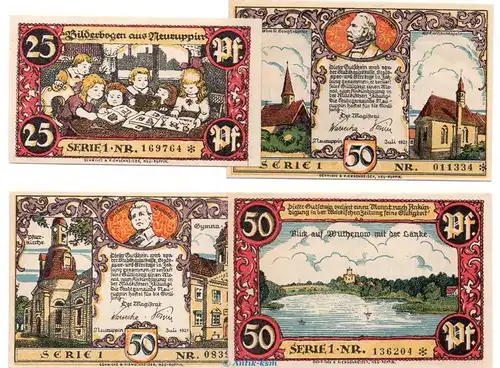 Notgeld Stadt Neuruppin , Serie 1 Set mit 4 Scheinen in kfr. von 1921 , Brandenburg Seriennotgeld