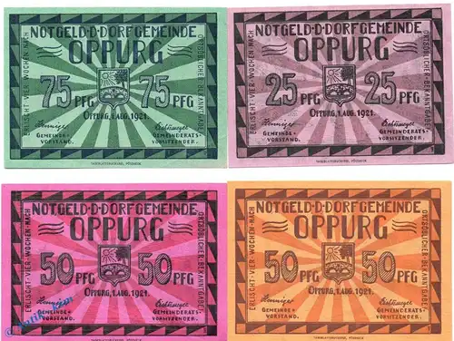 Notgeld Oppurg , Set mit 4 Scheinen in kfr. Mehl Grabowski 1023.1 , von 1921 , Thüringen Seriennotgeld