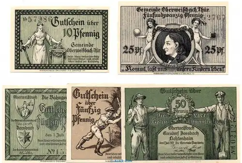 Notgeld Gemeinden Oberweißbach 1003.1 , Set mit 5 Scheinen in kfr. von 1921 , Thüringen Seriennotgeld