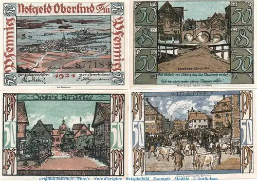 Notgeld Gemeinde Oberlind 999.1 , Set mit 4 Scheinen in kfr. o.D. , Thüringen Seriennotgeld