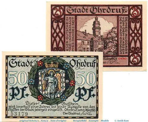 Notgeld Stadt Ohrdruf , 1012.3.b Set mit 2 Scheinen in kfr. von 1921 , Thüringen Seriennotgeld