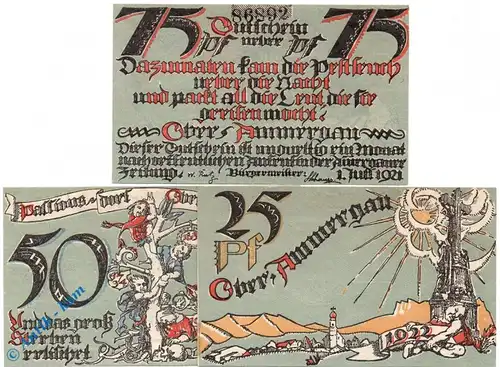 Notgeld Oberammergau , Set mit 3 Scheinen , Mehl Grabowski 992.2 , von 1921 , Bayern Serien Notgeld