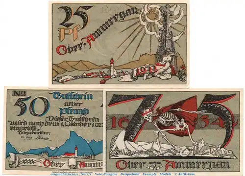 Notgeld Gemeinde Oberammergau 992.3  Set mit 3 Scheinen in kfr. von 1921 , Bayern Seriennotgeld