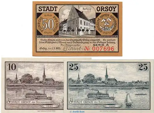 Notgeld Stadt Orsoy 1026.1 , Set mit 3 Scheinen in kfr. von 1921 , Westfalen Seriennotgeld