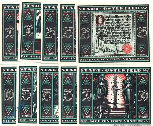 Notgeld Osterfeld , Burg Vondern , Set mit 10 Scheinen , Mehl Grabowski 1033.2 , von 1921 , Westfalen Seriennotgeld