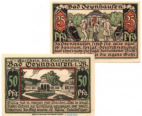Notgeld Fürstenhof Bad Oeynhausen 1009.1 , Set mit 2 Scheinen in kfr. o.D. Westfalen Seriennotgeld